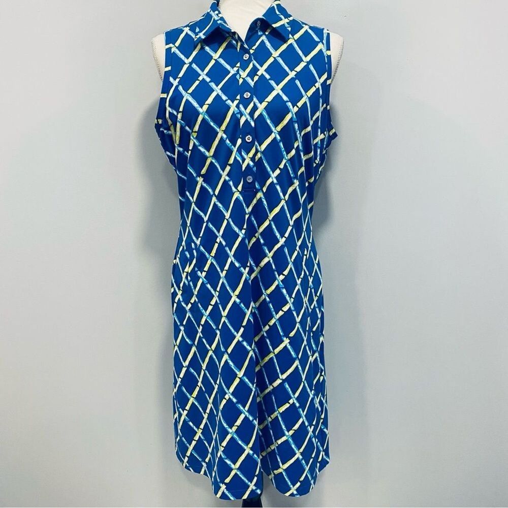 J. McLaughlin‎ L Blue Athletic Polo Midi Dress Geometric Argyle Stretch Resort